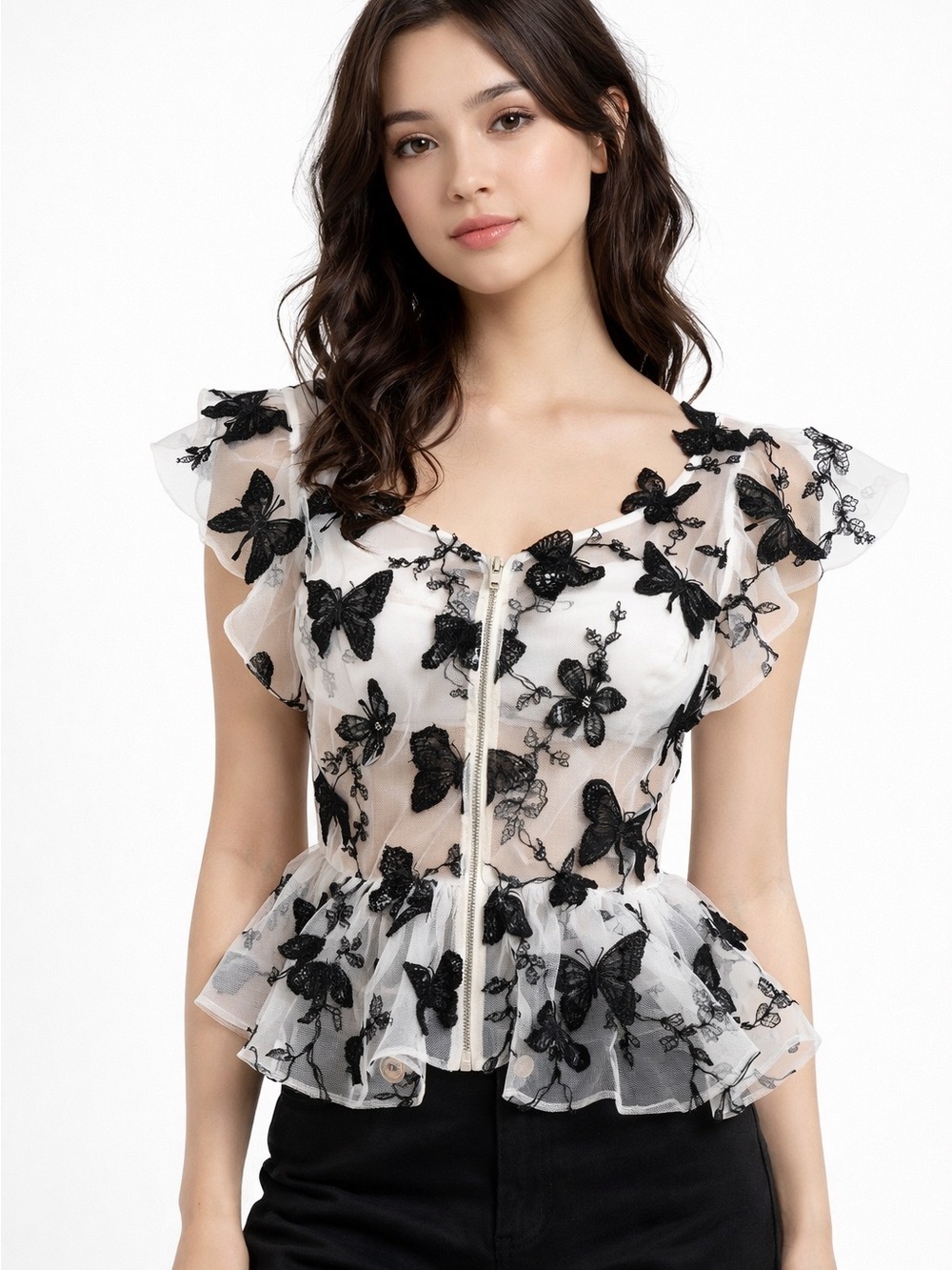 AKIRA White Sheer Peplum Top with Black Butterfly Embroidery